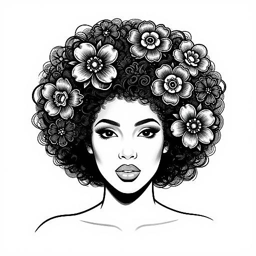 Black-and-white digital drawing of a woman with an afro adorned with large, detailed flowers, featuring bold eyes and full lips.
