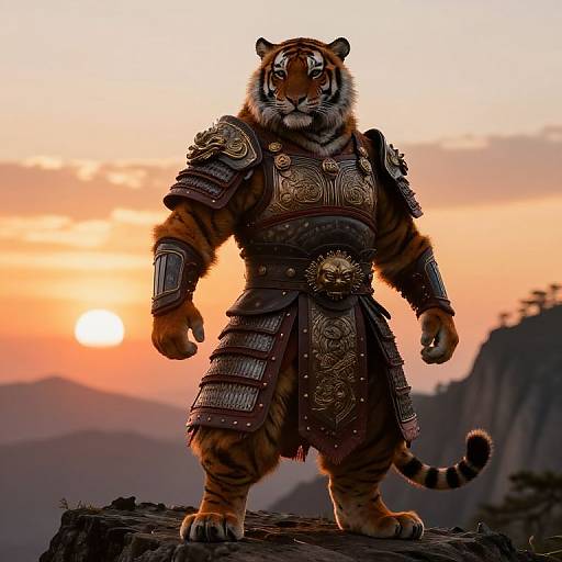 Digital art of a muscular, anthropomorphic tiger warrior in detailed, ornate armor standing on a rocky cliff at sunset.