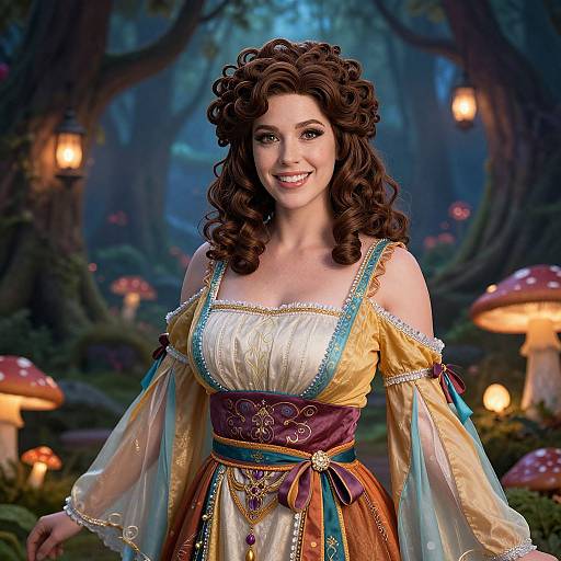 Digital art of a smiling, curly-haired woman in a fairy-tale dress with off-shoulder sleeves, set in a magical forest with glowing mushrooms