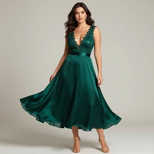 Photograph of a dark-haired woman in a deep emerald green, lace-trimmed, V-neck, knee-length dress, flaring out,