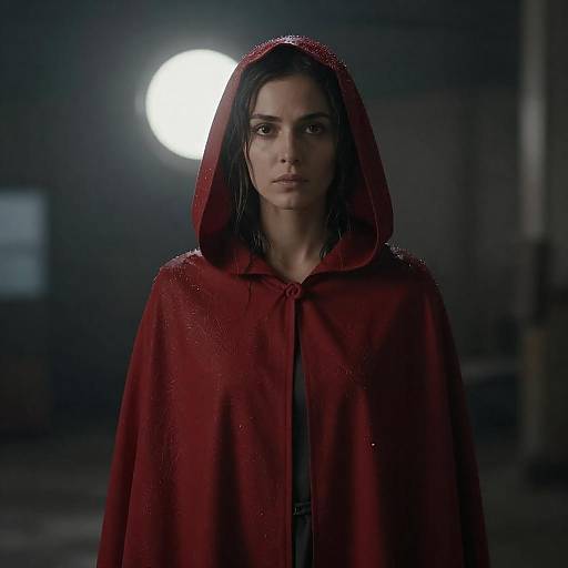 Woman in Wet Red Hooded Cloak