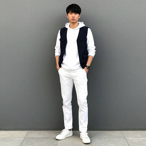 Photograph of an Asian man with short black hair, wearing a white hoodie, black vest, white pants, and white sneakers, standing against a gray