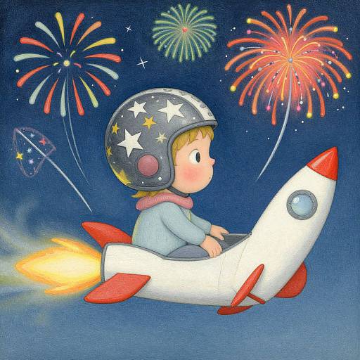 Colorful drawing of a child in a starry helmet flying a red and white rocket with fireworks in the night sky.