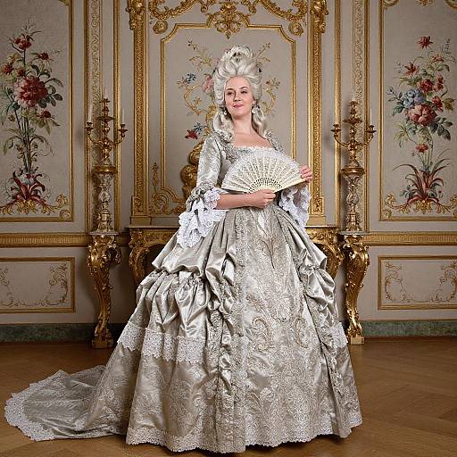 Photograph of a woman in an ornate, silver, baroque-style gown with intricate lace and satin, holding a fan, standing in an op
