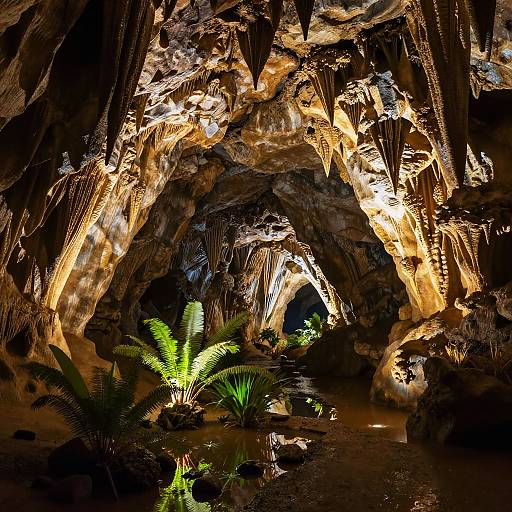 Golden-lit Lush Underground Cavern
