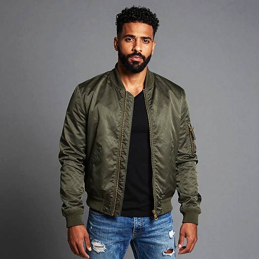 Photograph of a bearded Black man with curly hair, wearing a dark green bomber jacket, black shirt, and blue jeans with rips, standing