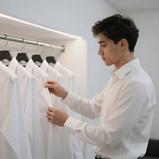 Young Man Adjusting White Dress Shirt
