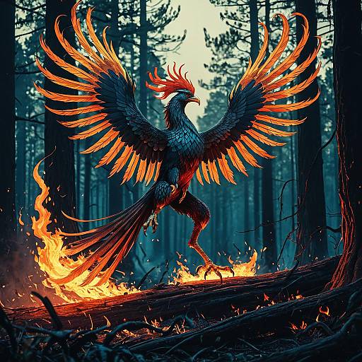 Ancient Phoenix in Burning Forest