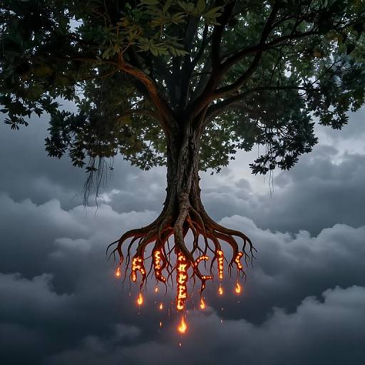 Photorealistic digital art of a tree with glowing orange candles hanging from its roots against a dark, cloudy sky.