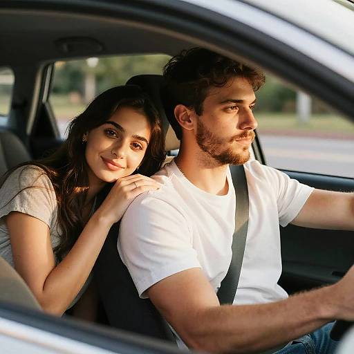 Photograph of a young couple in a car; the woman with long dark hair and a white shirt leans on the man's shoulder, who drives with