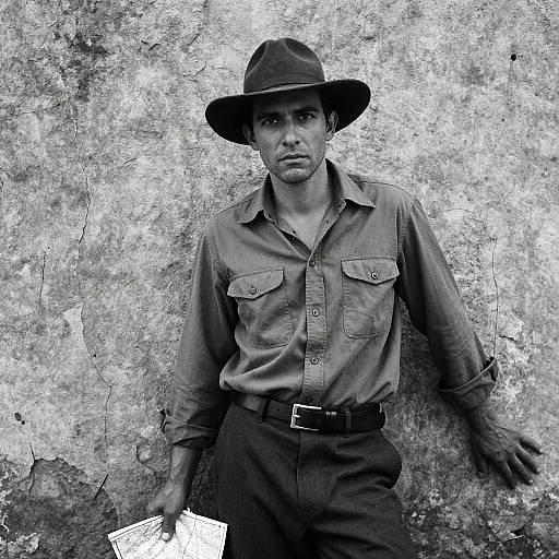 Black-and-white photograph of a serious, dark-skinned man in a hat, button-down shirt, and pants, leaning against a textured, worn wall