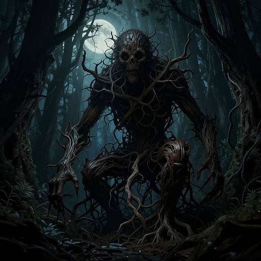 Digital illustration of a terrifying, skeletal, tree-like monster crouching in a dark, misty forest under a full moon. Twisted branches and
