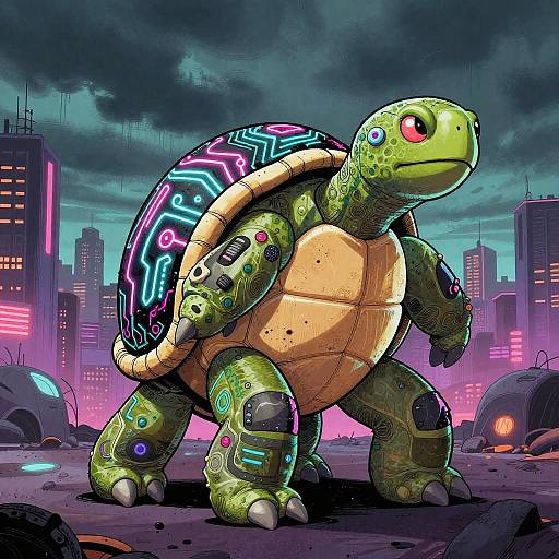 Cyberpunk Turtle in Neon Urban Wasteland