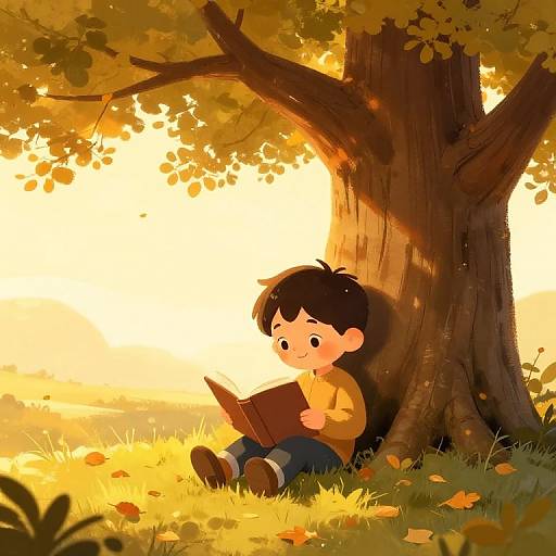Cartoon boy with black hair, yellow shirt, and blue pants reads under a large autumn tree, bathed in golden sunlight.