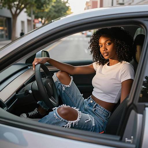 Stylish Black Woman in Electric Car