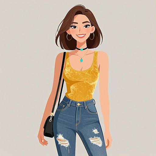 Digital illustration of a smiling woman with brown hair, wearing a yellow floral tank top, blue distressed jeans, black crossbody bag, green necklace, and
