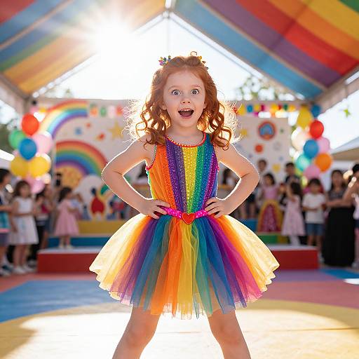 Photograph of a happy, red-haired girl with curly hair, wearing a vibrant rainbow tutu dress, standing confidently in a colorful circus tent with balloons