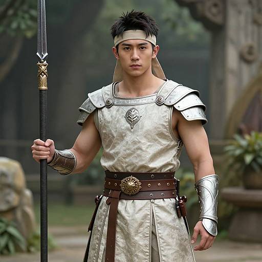 Young Asian man in medieval silver armor, holding a spear, with a headband and brown belt, standing in a forested background. Photorealistic