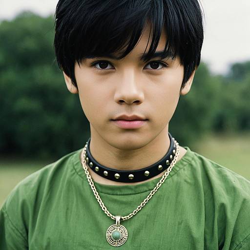 Young Man Wearing Green Tunic and Jewelry Outdoors