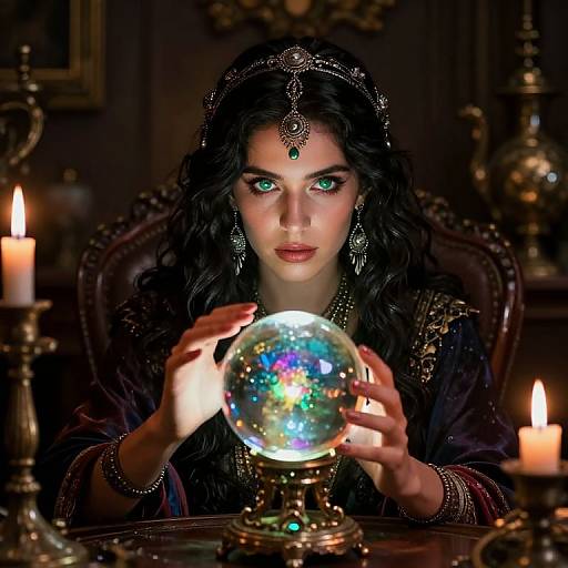 Mysterious woman with dark wavy hair, green eyes, ornate jewelry, and a crystal orb, holding it between candlelit hands in a dim