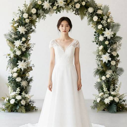 Photograph of an Asian bride in a white lace wedding dress standing in front of a floral arch adorned with white flowers and greenery.