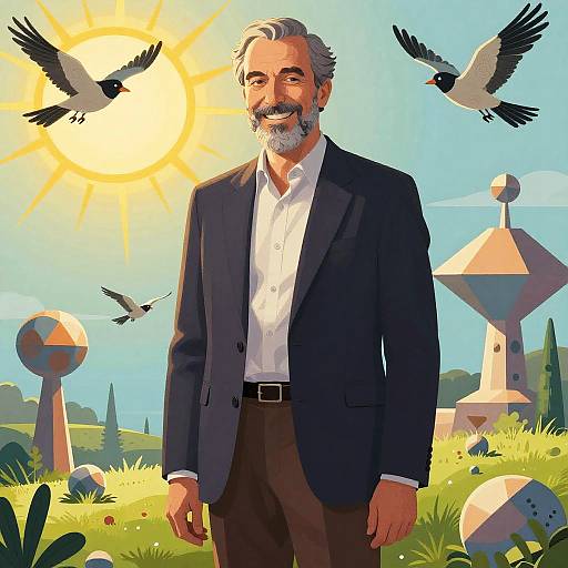 Digital illustration: Silver-haired, bearded man in black suit and white shirt stands smiling in sunlit, grassy field with birds flying, geometric structures