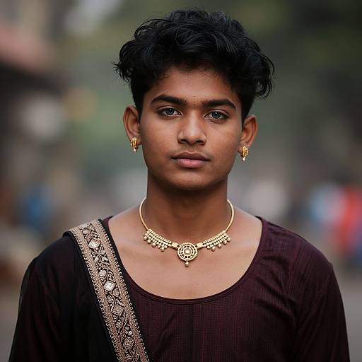 Photograph of a young Indian man with dark skin, short black curly hair, wearing a black traditional kameez, gold earrings, and necklace,