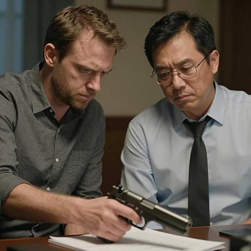 Two Men Examining Gun in Dimly Lit Room