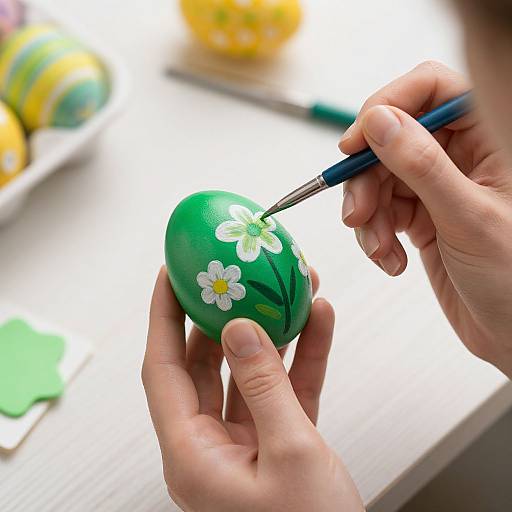 Photograph of hands painting a green Easter egg with white flowers, holding a blue pen, on a white surface.