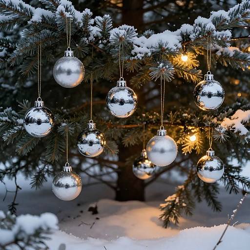 Photograph of snow-covered evergreen branches adorned with shiny silver Christmas ornaments, illuminated by warm yellow fairy lights, against a snowy background.