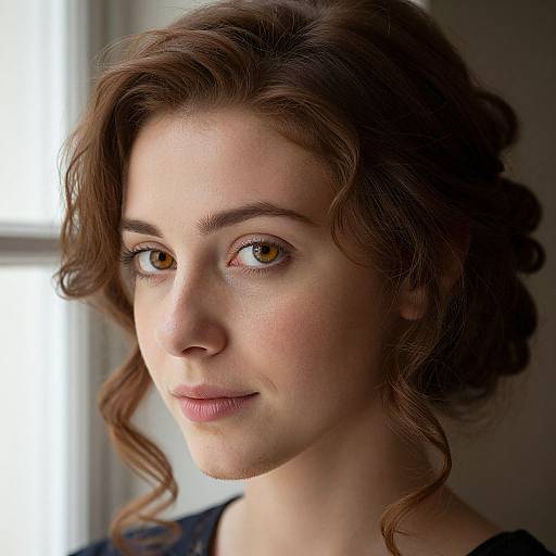 Photorealistic portrait of a fair-skinned woman with brown, wavy hair, light brown eyes, and subtle smile, softly lit by natural light