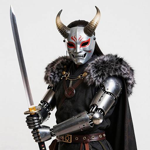 Digital illustration of a robotic demon warrior with white mask, red eyes, black fur cape, holding a sword, white background.
