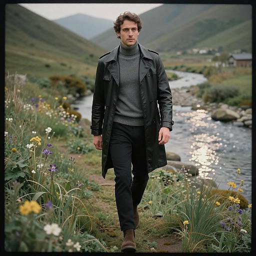 Man walking along river in leather trench coat