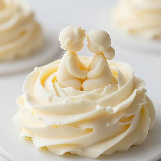 Close-up photograph of a cream-topped cupcake with swirled vanilla frosting and a small, white chocolate figure on top.
