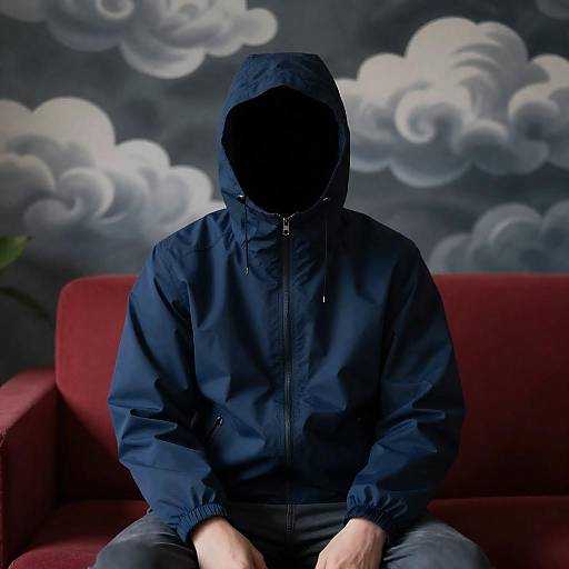 Mysterious Figure on a Red Couch