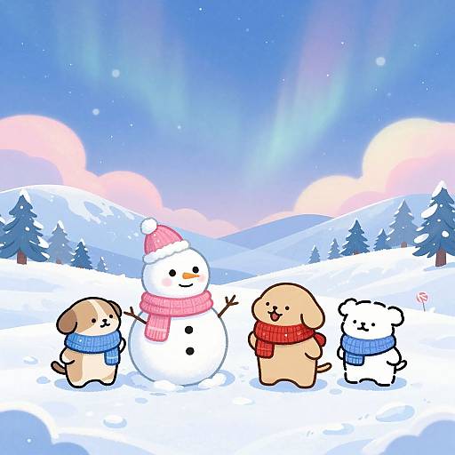 Cartoon-style digital drawing of four dogs in winter attire: snowman with pink scarf, two brown dogs with blue scarves, white dog with blue