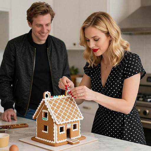 Couple Decorating Gingerbread House in Kitchen