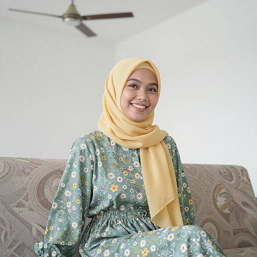 Smiling Asian Woman in Yellow Hijab