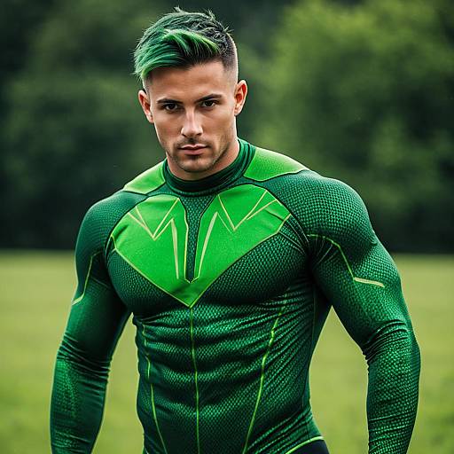 Muscular Boy in Green Bodysuit Outdoors
