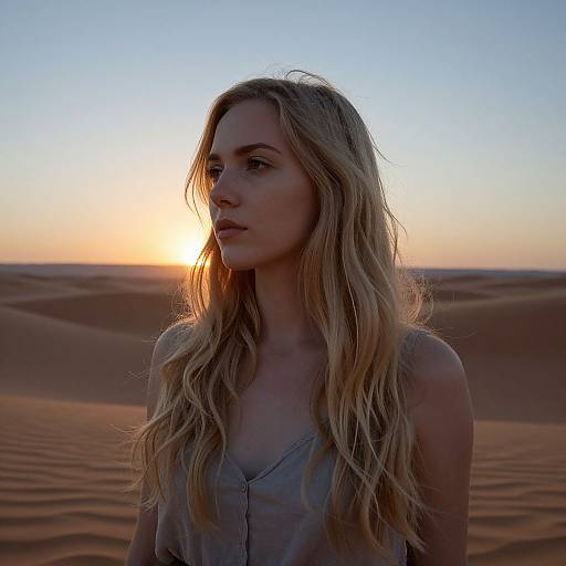 Photograph of a blonde woman with wavy hair, wearing a grey sleeveless top, standing in a desert at sunset, with golden sand dunes