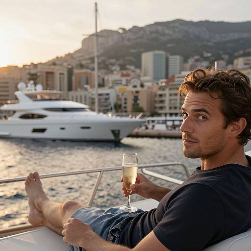 Photograph of a casually dressed man with short brown hair, holding a champagne glass, relaxing on a yacht at sunset, with a city and marina