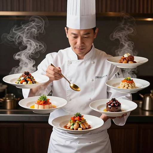 Photograph of an Asian male chef in a white uniform and tall hat, levitating five plates of gourmet desserts with smoke, using a spoon while smiling