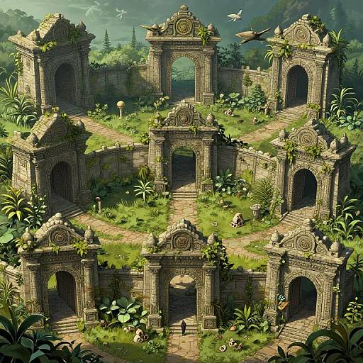 Digital artwork of a lush, overgrown ancient ruin with intricate stone arches, surrounded by dense greenery and vines, under a bright, cloudy sky