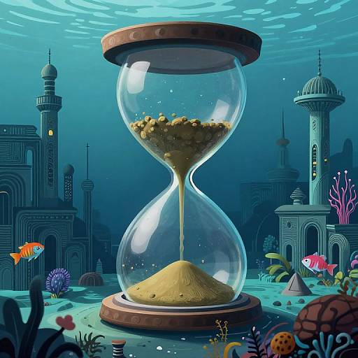 Digital artwork of an underwater hourglass with sand flowing, surrounded by colorful fish, coral, and ancient mosque-like structures in a vibrant, blue-hued