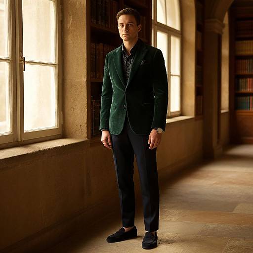 Photograph of a young man with short brown hair, wearing a dark green velvet blazer, black shirt, and pants, standing in a sunlit
