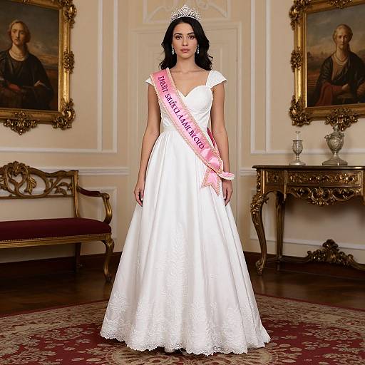 Photograph of a woman with dark hair, wearing a white lace wedding dress, pink sash reading 