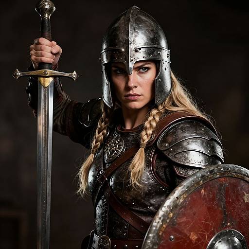 Photograph of a fierce blonde warrior woman in medieval armor, holding a sword in one hand and a shield in the other, against a dark background.