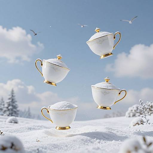 Floating Elegant Teacups Over Snowy Landscape