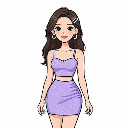 Digital illustration of a cute, fair-skinned woman with long black hair, wearing a sparkling purple crop top and matching mini skirt, large hoop earrings,