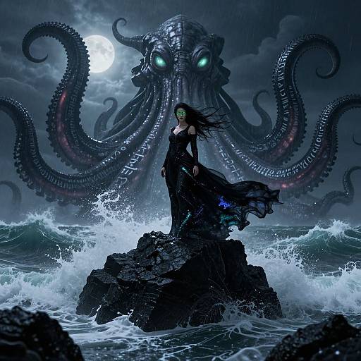 Digital artwork: Dark-haired woman in black dress stands on rocky sea, illuminated by moon, with massive, glowing-eyed octopus looming behind.